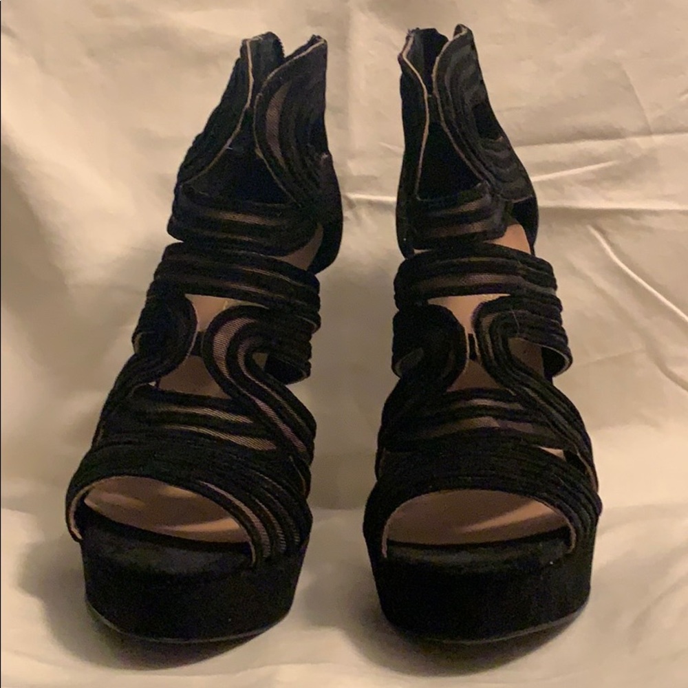Justfab black suede caged heels